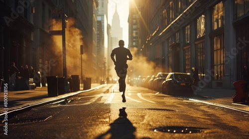 A captivating image of a runner's shadow stretching across a city street, evoking a sense of power and purpose on Global Running Day. photo