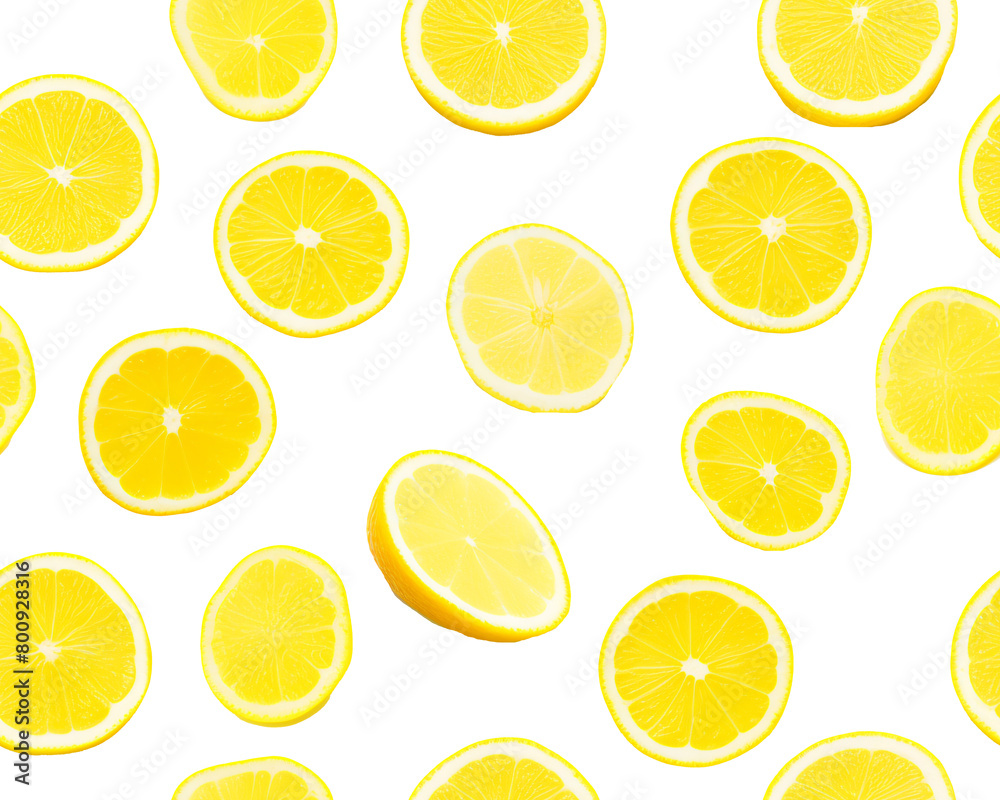 Slices of lemon in different shapes scattered over a transparent background, creating a fresh citrus pattern. Generative AI Slices of lemon in different shapes scattered over a transparent background, creating a fresh citrus pattern. Generative AI
