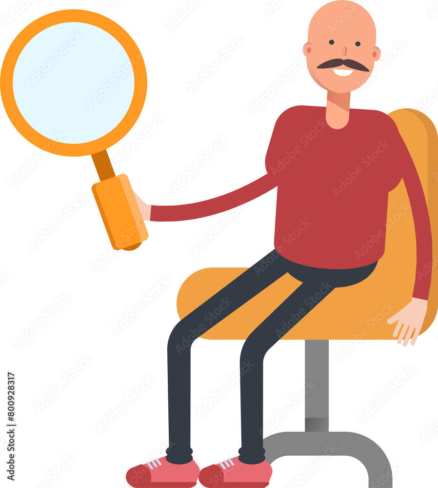 Bald Man Character Sitting and Holding Magnifier
Bald Man Character Sitting and Holding Magnifier