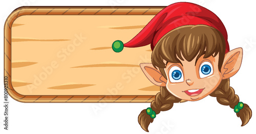 Cartoon elf peeking behind a wooden sign.