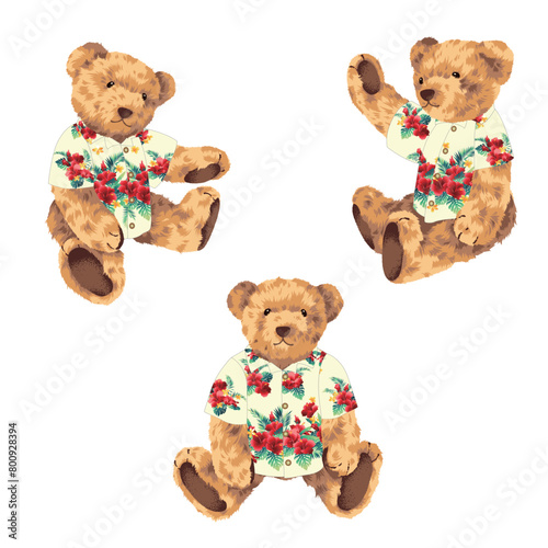 Cute bear illustration material wearing aloha shirt, photo