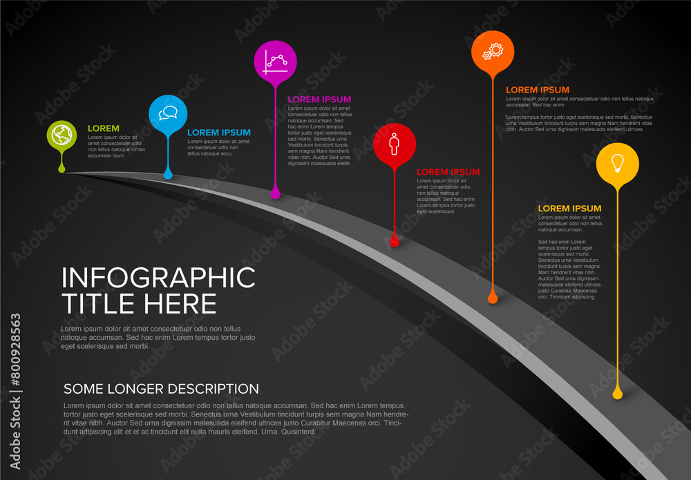 Droplet pointers on the bridge path with icons and description - multipurpose dark timeline infographic template