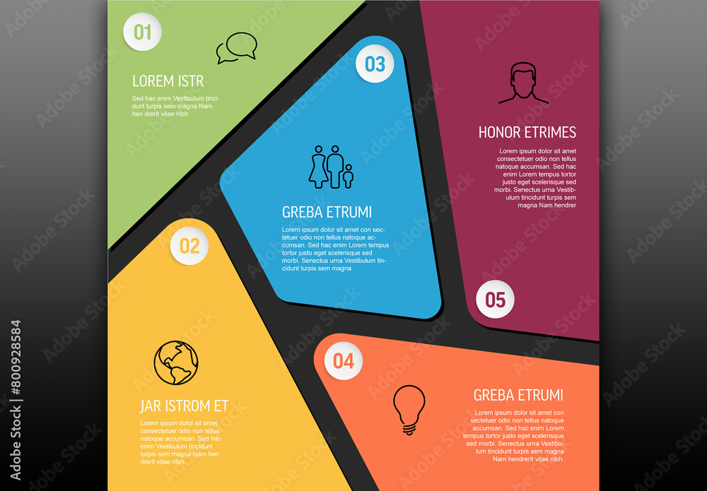 Multipurpose infographic template with five color content space areas icons and numbers on dark background