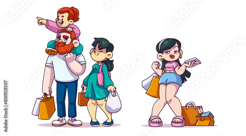 Woman and man character with shop bag after mall. Happy family shopper purchase gift in retail store. Couple with child and teenager carry package with present isolated icon set on white background