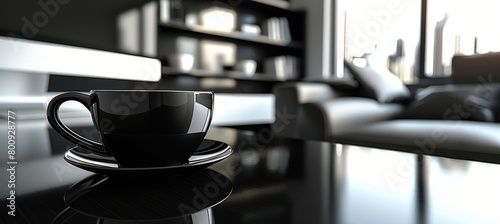 Modern black ceramic mug elevating luxury in a sleek contemporary office setting