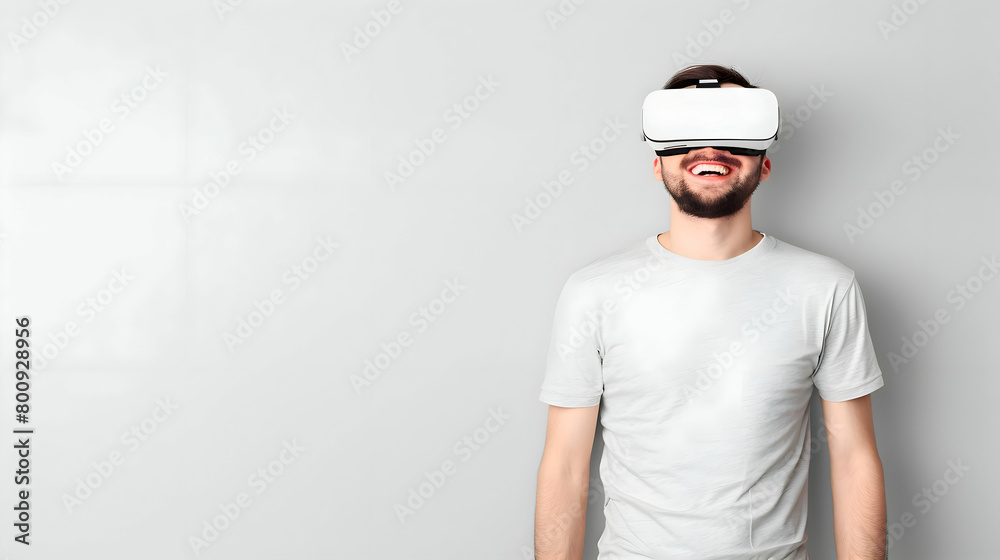 Man wearing virtual reality (VR) goggles. Light background. Copy space. Man wearing virtual reality (VR) goggles. Light background. Copy space.