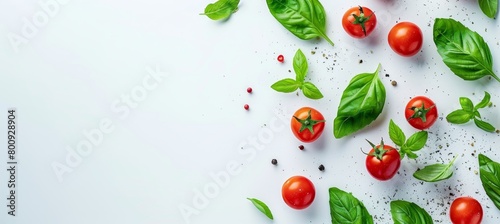 Mediterranean inspired  vibrant organic tomatoes and fresh basil display on white table