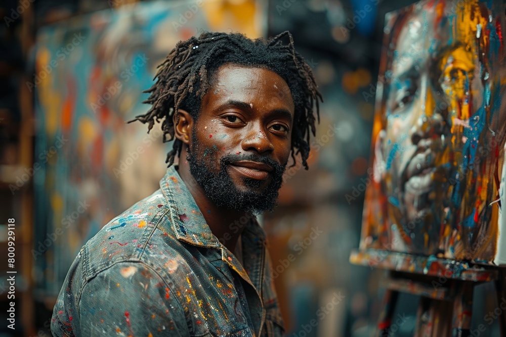 A cheerful young painter with dreadlocks focuses on his artwork in a colorful studio. A cheerful young painter with dreadlocks focuses on his artwork in a colorful studio.