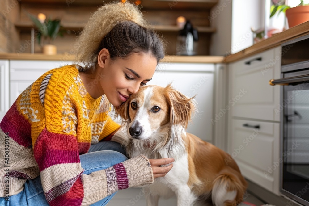 A young Caucasian woman shares a heartwarming hug with her cute dog indoors, showcasing their deep bond and friendship. A young Caucasian woman shares a heartwarming hug with her cute dog indoors, showcasing their deep bond and friendship.