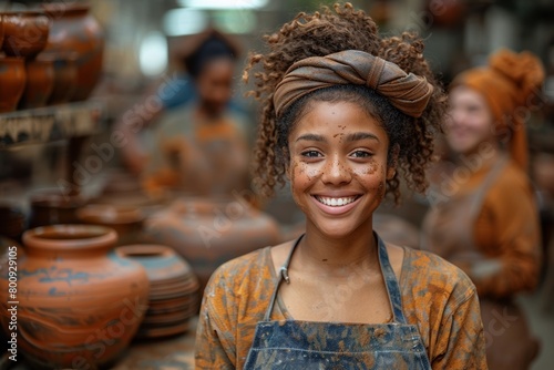 A young, confident woman stands in her workshop, embodying professionalism and entrepreneurial spirit.