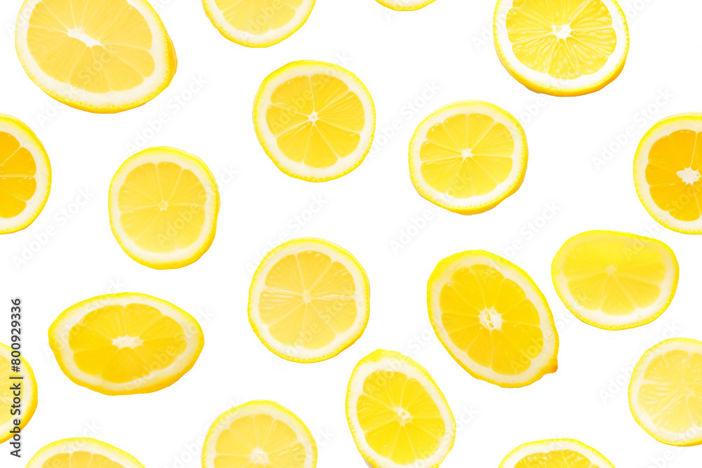 Slices of lemon in different shapes scattered over a transparent background, creating a fresh citrus pattern. Generative AI