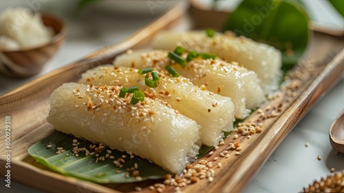 A close-up of a plate of durian sticky rice served elegantly on a wooden platter, garnished with sesame seeds and pandan leaves, photo