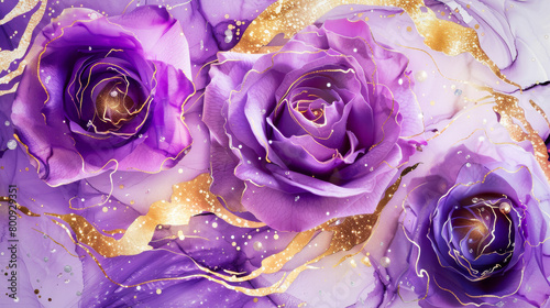Abstract art background with purple roses and gold glitter
