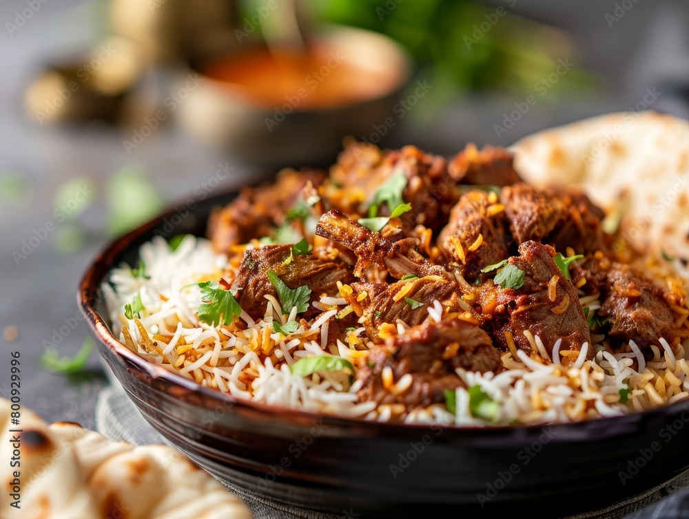 Lamb Biriyani Basmati Rice Close-Up Indian Food Dining Dinner Blurred Background Image