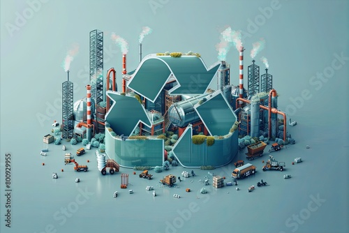 Detailed illustration of a recycling complex within a recycle symbol, portraying the industrial scale of sustainable waste management
