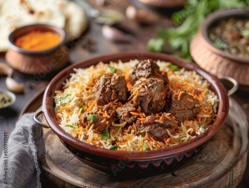 Lamb Biriyani Basmati Rice Close-Up Indian Food Dining Dinner Blurred Background Image