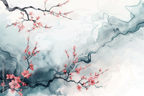 Abstract watercolor background featuring delicate waves adorned with cherry blossoms, capturing the essence of traditional Japanese ink wash painting. Ai generated