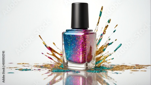 splash of colorful glittery nail polish on plain white background from Generative AI