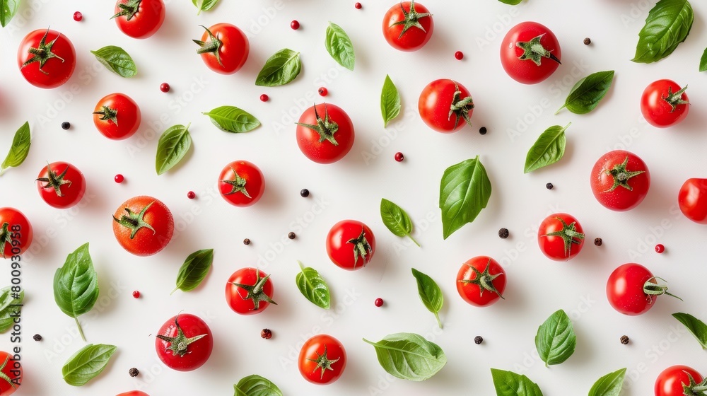 Mediterranean inspired still life fresh organic tomatoes and basil leaves on white table Mediterranean inspired still life fresh organic tomatoes and basil leaves on white table