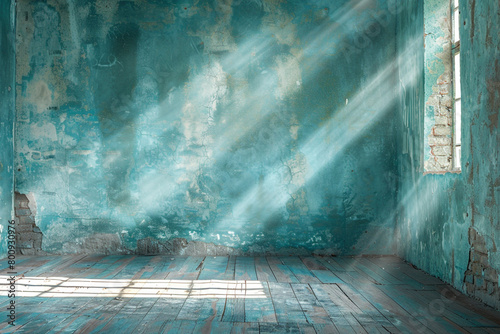 Antique teal grunge room, evoking nostalgia with soft retro sun rays and old-world charm. photo