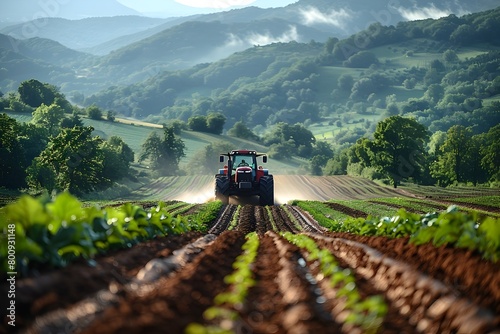 Tractor Plowing Idyllic Farmland in Hazy Afternoon Sunlight of Classic Rural Landscape