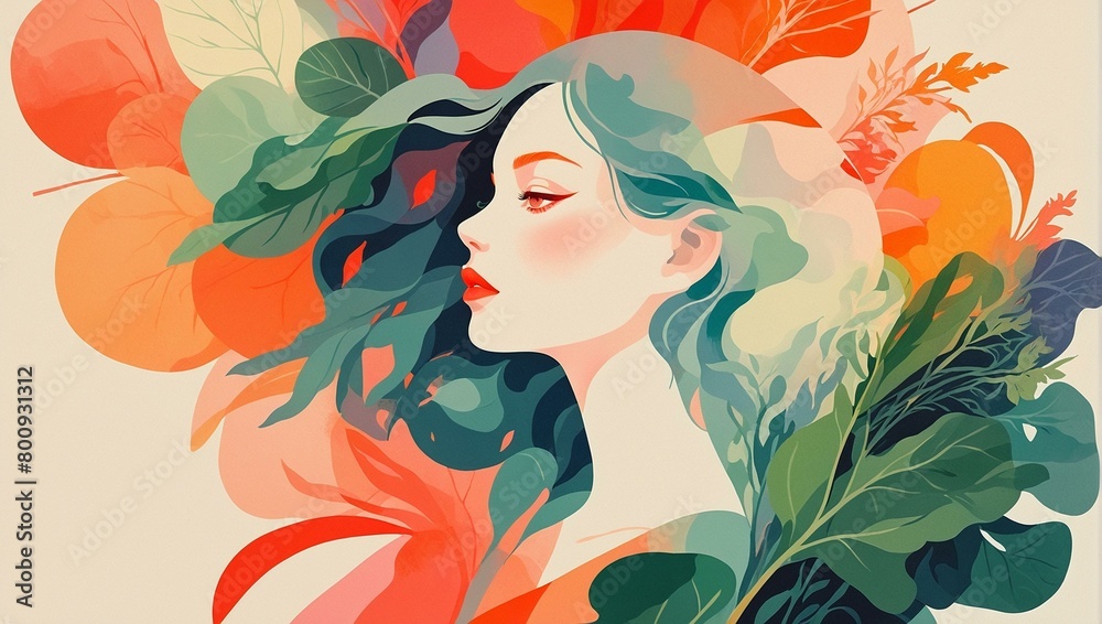 An illustration featuring a human profile merged with leafy botanical elements in a colorful and abstract way, portraying a fusion of human and nature