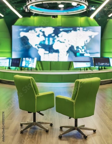 Blurred Interior virtual news studio background, modern news room, talk show, business room, sport news, TV studio, green Screen background, virtual studio blurred, Ai Generat