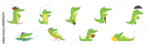 Cute Green Crocodile Animal Engaged in Different Activity Vector Set