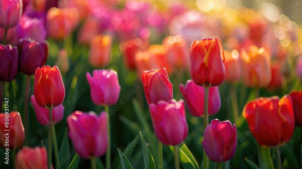A field of tulips in full bloom, creating a sea of vibrant colors under the spring sun.