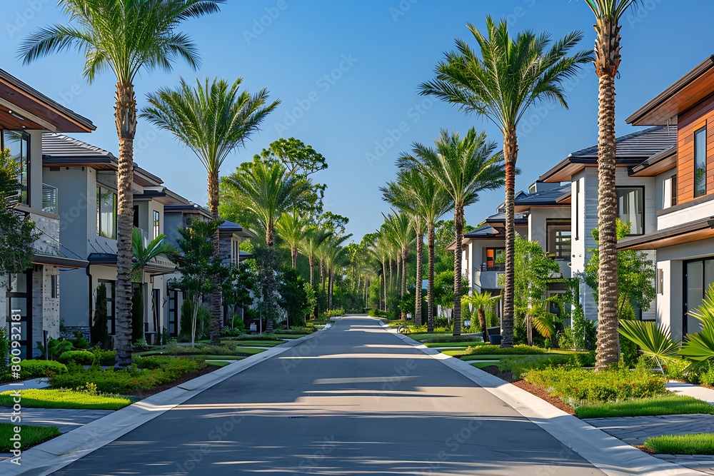 a modern, luxurious residential street lined with symmetrical rows of palm trees and contemporary two-story houses