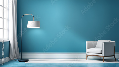 A white chair sits in front of a blue wall