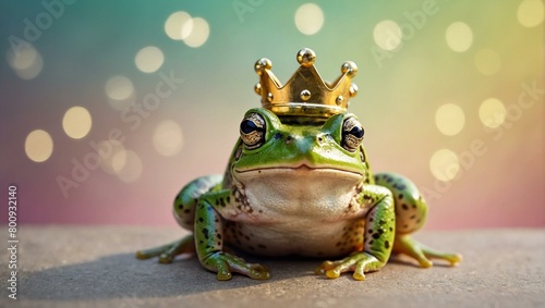 Regal green frog gazes forward wearing a golden crown on a sparkly background