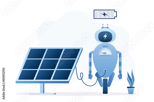 Cyborg with low battery charge. Robot with artificial intelligence charging battery on solar panel station. Technology of fast charge battery. Sustainable development.