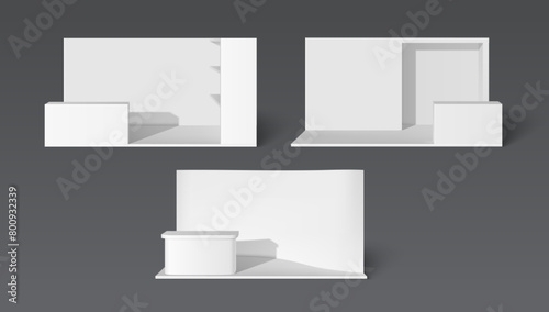 3D exhibition booth mockups set isolated on background. Vector realistic illustration show room with blank walls, empty shelves for product presentation and office desk, business expo design elements
