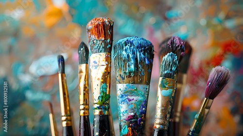 Close-up of an assortment of colorful paintbrushes with painted wooden handles