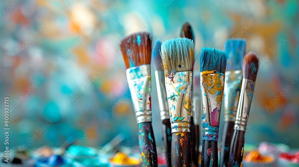 Fototapeta premium Close-up of an assortment of colorful paintbrushes with painted wooden handles