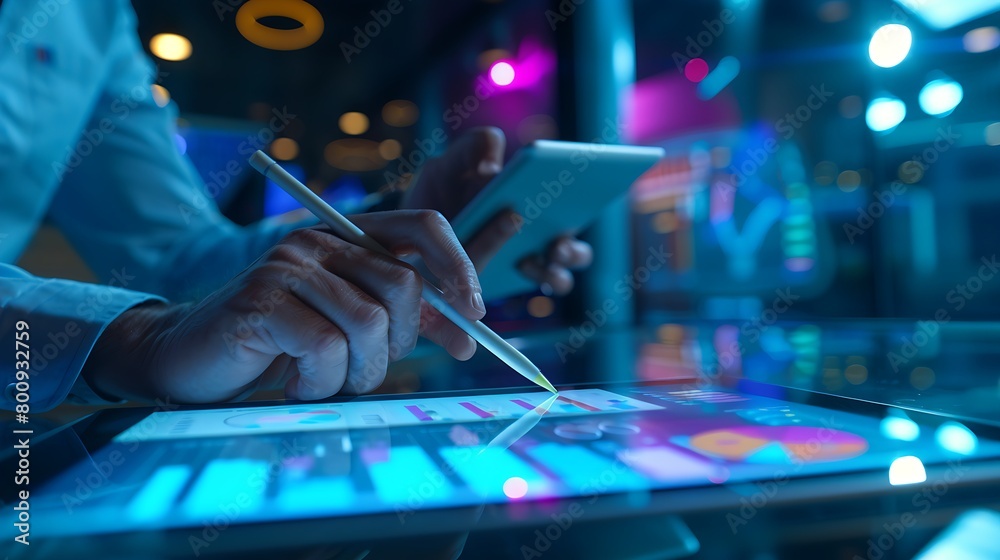 a professional business person analyzing data charts and graphs on a tablet, close-up of hands with a stylus