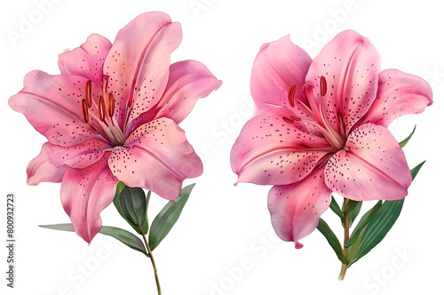 Lily pink flower set,Watercolor painted flowers, Lily pink flower on a white background.
