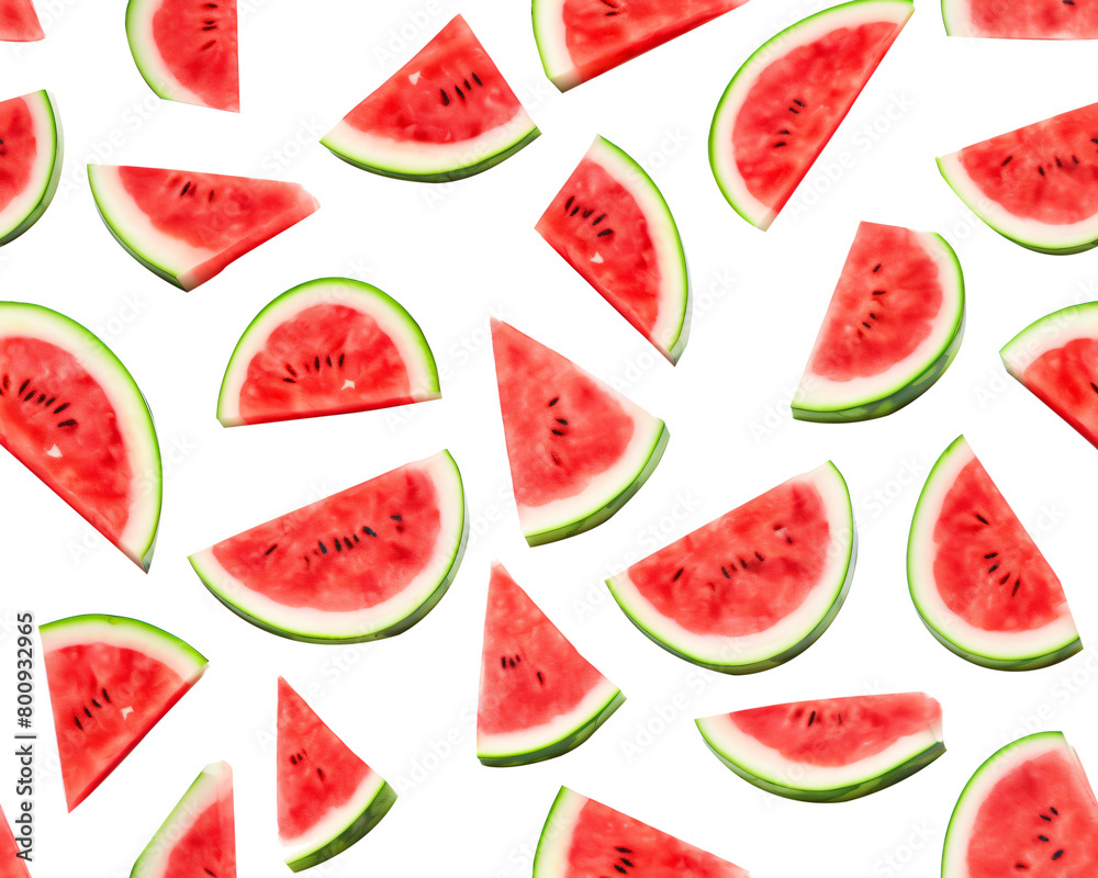 Naklejka premium Watermelon slices with juicy red flesh and green rinds arranged in a playful, scattered pattern on a transparent background. Generative AI