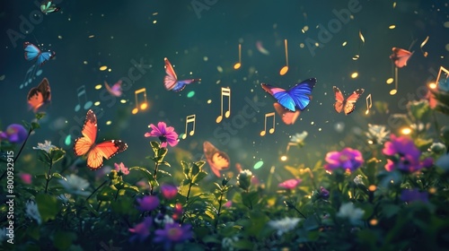 A dreamlike Easter garden where musical notes float in the air, transforming into colorful butterflies with each melodic tune. © Lal
