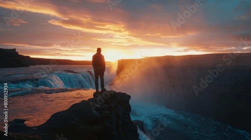 A man stands on a cliff overlooking a waterfall