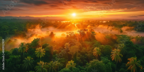 Aerial view of sunrise over a rainforest landscape background