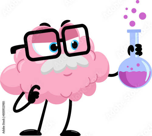 Scientist Or Professor Brain Cartoon Character Holding A Flask. Vector Illustration Flat Design Isolated On Transparent Background (ID: 800932980)