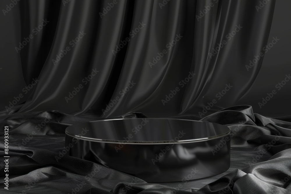 Round transparent glass platform Podium background 3D on black wave silk satin fabric background. Blank black cylinder form mock up background for beauty cosmetic product presentation 
