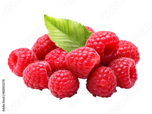 a pile of raspberries with a leaf