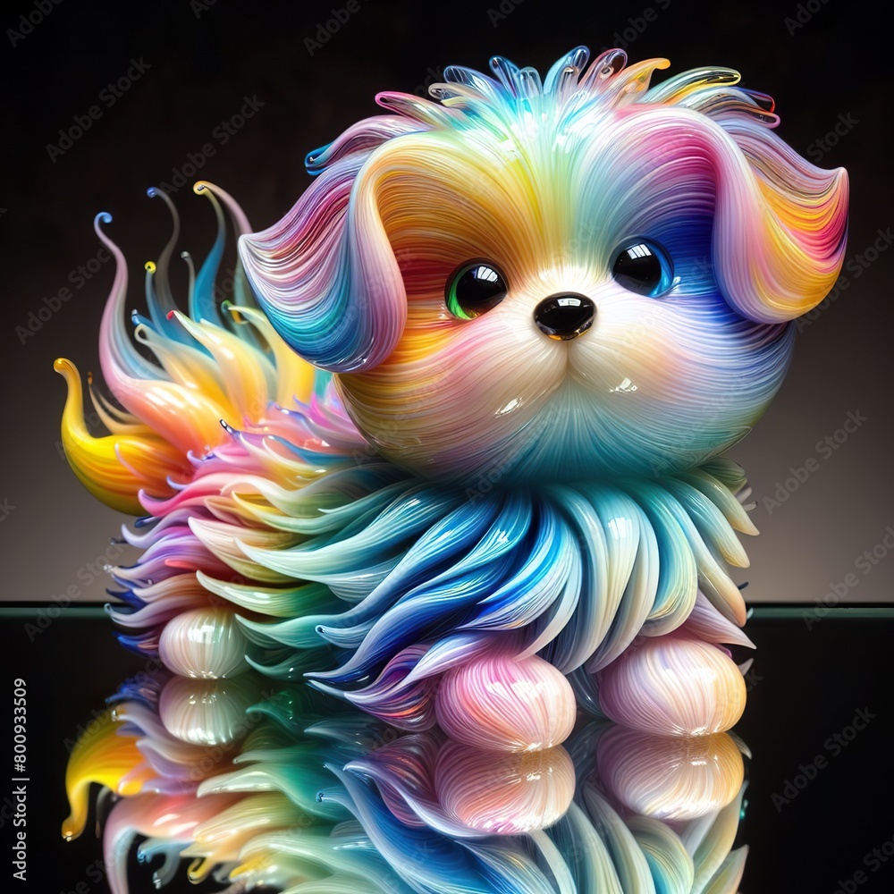 A stunning blown glass sculpture of a playful, fluffy puppy with seamlessly blended rainbow colors swirling through its fur