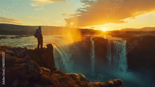 A man stands on a cliff overlooking a waterfall