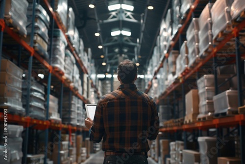 A male businessman is using an iPad in the warehouse