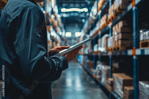 A male businessman is using an iPad in the warehouse