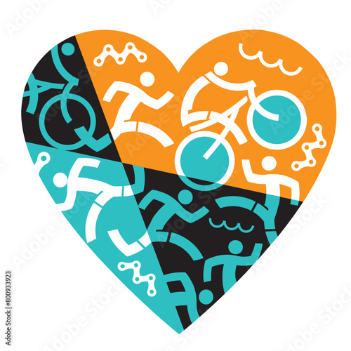 I love fitness, triathlon, running, swimming, cycling.
 Illustration with colorful heart symbol with triathlon athletes, swimmers, cyclists, runners. Useful as t-shirt design. Vector available.	